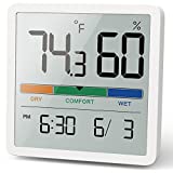 NOKLEAD Indoor Digital Thermometer Hygrometer : 3.3″ LCD Screen / Time and Date / 3 Humidity Levels / Magnetic Hanging / Desktop Stand, Accurate Temperature Gauge Humidity Monitor for Home Room