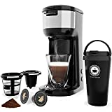 Coffee Maker Single Cup for K Cup Pod & Ground Coffee, with 14 Oz Travel Mug,2-In-1 Fast Brewing Coffee Pod Brewer,Small Single Serve Coffee Machine for Home and Office