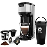 Single Serve Coffee Maker Machine with Thermal Mug for K-Cup Pod & Ground Coffee, 3 Mins Fast Brew Single Cup Coffee Makers Brewer, 6 to 14 Oz Brew Size