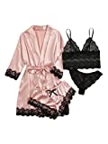 WDIRARA Women's 4 Pieces Lace Lingerie with Satin Belt Robe Sexy Pajama Set Pink XL