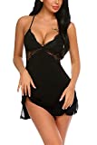 Avidlove Women Lingerie Lace Chemise Sleepwear Babydoll Set Mini Dress Black Small