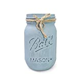 Light Blue - Hand Painted and Distressed Mason Jar - Pint 16 oz. Regular Mouth, Rustic Farmhouse Style Light Blue Mason Jar Centerpiece for Boys Baby Shower Decor, First Communion Decorations for Boys