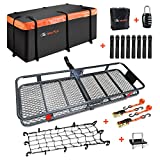 MeeFar Folding Hitch Mount Cargo Carrier Basket 60" X 20" X 6"+Waterproof Cargo Bag 16 Cubic Feet(58" 19" 24"),Hauling Weight Capacity of 500 Lbs and A Folding Arm.with Hitch Stabilizer,Net and Straps