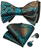DiBanGu Paisley Bow Ties for Men Teal and Brown Woven Self Bow Tie and Handkerchief Cufflinks Set