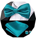 Dubulle Mens Teal Bow Tie Solid Color Bowtie Pocket Square Set for Wedding Tuxedo