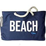 KEHO (XXL) "BEACH VIBES" - Waterproof Travel Tote Bag (All Purpose Tote) with Rope Handle (Great Overnight or Beach Bag) | (Lightweight & Foldable) - Navy Blue