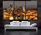 BoxColors - Large 30"x 60" 3 Panels 30"x20" Ea Art Canvas Print Beautiful Pittsburgh Downtown City Skyline multi color Wall Home (Included Framed 1.5" Depth)