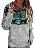 Dokotoo Womens Winter Fall Button Collar Ethnic Print Patchwork Color Block Long Sleeve Knit Stitching Drawstring Hooded Sweatshirts Hoodies for Women Pullover Casual Fashion T-Shirts Tops Large
