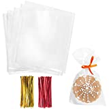 Cello Cellophane Treat Bags,4x6 Inches Cookie Bags 200 Pcs OPP Plastic Clear Treat Bags with 200 Twist Ties for Gift Wrapping,Packaging Candies,Dessert,Bakery,Chocolate,Party Favors