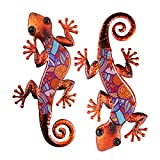 HONGLAND 2Pcs Metal Gecko Wall Decor Lizard Garden Art Color Hanging Glass Sculpture for Indoor Outdoor Patio Fence (Red)