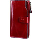 Itslife Women's RFID Blocking Large Capacity Luxury Wax Genuine Leather Clutch Wallet Card Holder Ladies Purse(Red RFID BLOCKING)