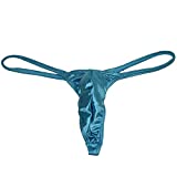 Jaxu Men's Glossy Thong Mini String Bikini Sexy Guys Underwear Enlarge Pouch T-Back Beach Wear Dark Blue M
