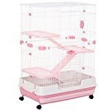 PawHut 43”L 4-Level Indoor Small Animal Cage Rabbit Hutch Multi Activity Exercise Centre with Universal Wheels Brakes Slide-Out Tray - Pink