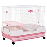 PawHut 32" 2-Level Indoor Small Animal Cage Rabbit Hutch with Wheels, Perfect for Exotic Rodents, Pink