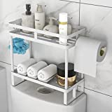 Over The Toilet Storage Shelf, 2 Tier Bathroom Hanging Storage Shelves, Iron Toilet Tank Organizer with Paper Towel Holder, Large Space Saver with No Drill Adhesive Hooks, 4Pcs Sticker Bases, White