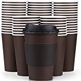 Promora 12 oz Disposable Brown Coffee Cups with Lids & Sleeves, Premium Insulated Paper Cups for Hot Coffee (12 oz , Pack of 80) Brown and Black