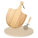 SHINESTAR Large 16'' Pizza Stone Set with 17 x 12 Inch Wooden Pizza Peel & Pizza Cutter, 3 Piece Pizza Oven Accessories Set for Homemade Baking