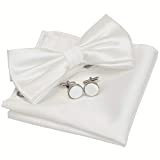 GUSLESON Solid Color Wedding Bowtie Mens Pre-tied White Bow Tie and Pocket Square Cufflink Set (0570-14)