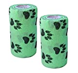 Vet Wrap Rap Tape (Green with Paw Prints) (2 Pack) (3 Inch x 15 feet) Self Adhesive Adherent Adhering Cohesive Flex Self Stick Bandage Grip Roll Dog Cat Pet Horse