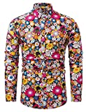 TUNEVUSE Mens Floral Dress Shirt Long Sleeve 70s Vintage Print Retro Disco Button Down Shirts Clothing Cotton Pink Yellow Floral Print XX-Large