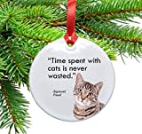 Freud and Cats Quote Ceramic Christmas Ornament. Time Spent with Cats is Never Wasted