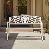 BELLEZE Antique Designed Rose Style Outdoor Bench for Pool, Park, Garden, Steel Frame Love Seat for Backyard, Home, Vintage Style Patio Furniture - White