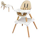 BABY JOY 5 in 1 High Chair, Baby Eat & Grow Convertible High Chair/Booster Seat/Toddler Chair & Table, Infant Wooden Dining Chairs w/5-Point Seat Belt, Removable 4-Position Tray & PU Cushion (Khaki)