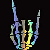 HungMieh Rock on Skeleton Hand Sticker, Rock N Roll Sticker, Skull Decal and Stickers for Car Hood, Window, Truck, SUV (8 X 4.8 Inch) (Holographic Silver)