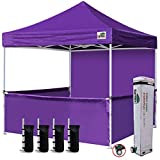 Eurmax 10'x10' Ez Pop-up Booth Canopy Tent Commercial Instant Canopies with 1 Full Sidewall & 3 Half Walls and Roller Bag, with 4 SandBags + 3 Cross-Bar (Purple)