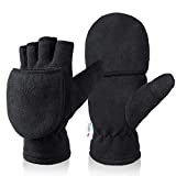 Winter Fingerless Gloves for Men Women | Convertible Flip Top Mittens - Thick Thermal Polar Fleece Warm for Texting - Black Medium