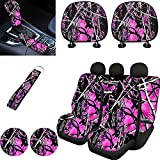 FKELYI Pink Camo Car Seat Covers Full Set with Hand Wristlet Keychain Holder,Camouflage Cup Coasters,Auto Gear Shift Cover,Handbrake Cover,Headrest Covers,Universal Fit Most Vehicle SUV Truck Van