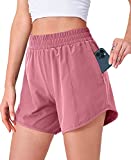 CELER Women's Running Shorts Quick Dry Workout Shorts with Phone Pocket Elastic Waist Athletic Sport Gym Shorts 5", Pink S