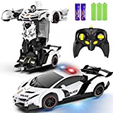 FDJ Remote Control Car - Transform Car Robot, One Button Deformation to Robot with Flashing Lights, 2.4Ghz 1:18 Scale Transforming Police Car Toy with 360 Degree Rotating Drifting for Boys and Girls
