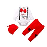 My First Valentine's Day Baby Boy Outfit Letter Gentleman Romper Bodysuit Red Heart Pants Set with Hat Clothes (White Red, 3-6 Months)