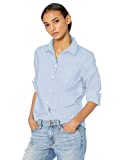 Amazon Essentials Women's Classic-Fit Long Sleeve Button Down Poplin Shirt, French Blue Stripe, M