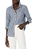 Amazon Brand - Goodthreads Women's Washed Cotton Boyfriend Shirt, Dark Blue/White Pinstripe, Medium