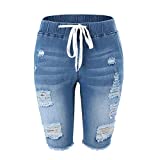 THUNDER STAR Womens Denim Ripped Bermuda Shorts Distressed Knee Length Stretch Short Jeans Drawstring Closure XXL