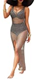 PerZeal Women's Sexy Sleeveless Swimsuit Cover Ups Sheer Crochet Plus Size Beach Bikini See Through Swimwear Maxi Dresses (Small, AGreyGold)