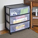 Sterilite 29309001 Wide 3 Drawer Cart, Black Frame with Clear Drawers and Black Casters, 1-Pack