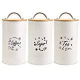 Fasmov 3 Pack Kitchen Canisters with Bamboo Lids, Airtight Metal Canister Set, Coffee, Sugar, Tea, Flour Storage Containers, Farmhouse Kitchen Decor, Beige