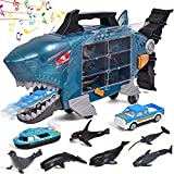 LOYEAH Shark Car Carrier Toy Trucks Shark Toys for Toddlers Boys Girls with 6 Sea Animals, 2 Play Vehicles Inside, Lights and Sounds Effects, Kids Birthday Gifts