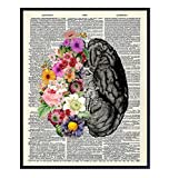 Flower Brain Dictionary Art Print - Vintage Upcycled Wall Art Poster - chic Modern Home Decor for Bedroom, Bathroom, Living Room - A Great Gift for Women and Steampunk Fans - 8x10 Photo - Unframed