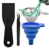 4Pcs 3D Printer Tools Set 3D Printing Collapsible Silicone Funnel Stainless Steel Resin Filter with 2” Plastic Scrapers ESD15 Tweezers 3D Printing Cleaning Removal