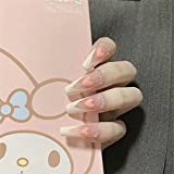 Valentines Press On Nails Pink heart French Pearl Coffin Fake Nails 24 Pcs