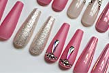 Long pink rhinestone nude color silver powder jump color coffin fake nails Press On Nails 30 Pcs