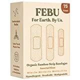 FEBU Eco-Friendly Organic Bamboo Fabric Bandages for Sensitive Skin | 75 Count Variety Pack | Latex Free, Hypoallergenic Bandages for Scrapes, Cuts & First Aid | Natural, Compostable, Flexible