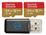 SanDisk Extreme (UHS-1 U3 / V30) A2 64GB MicroSD (2 Pack) Memory Card for GoPro Hero 9 Black Action Cam Hero9 SDXC (SDSQXA2-064G-GN6MN) Bundle with (1) Everything But Stromboli Micro SD Card Reader