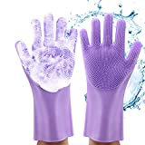 Magic Dishwashing Gloves, Reusable Silicone Dish Gloves with Sponge Scrubbers for Kitchen, Bathroom Cleaning, Pet Hair Care, Car Washing（1 Pair, 2 Gloves, Purple）