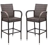 Homall Patio Bar Stools Wicker Barstools Indoor Outdoor Bar Stool Patio Furniture with Footrest and Armrest for Garden Pool Lawn Backyard Set of 2 (Brown)