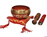 Tibetan Singing Bowl Set By Dharma Store - With Traditional Design Tibetan Buddhist Prayer Flag - Handmade in Nepal (Red)